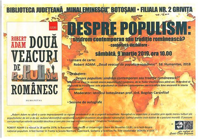 Conferință - dezbatere la Biblioteca Botoșani: „Despre populism: sindrom contemporan sau tradiție românească?”