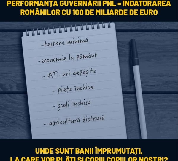 Cea mai mare performanță a guvernării PNL este îndatorarea românilor în 12 luni cu 100 de miliarde de euro. În rest, programe de sprijin pe hârtie!
