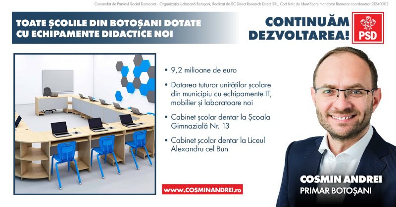 Ce presupune programul pentru dotarea fiecărei școli din municipiul Botoșani, proiect european câștigat de administrația Cosmin Andrei