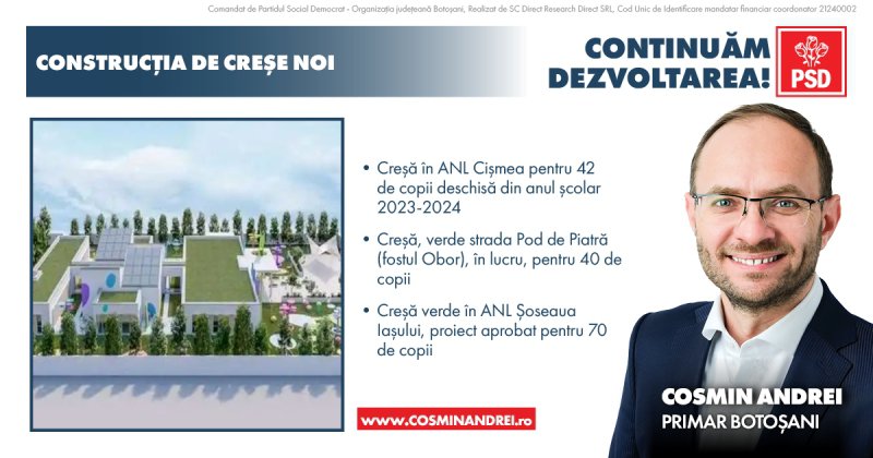 Primarul Cosmin Andrei anunță încă două creșe noi, în zona fostului Obor și în ANL Șoseaua Iașului, după creșa deschisă anul trecut în ANL Cișmea