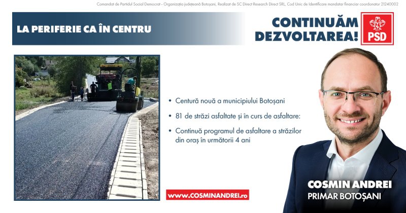 Primarul Cosmin Andrei anunță că va continua și în mandatul următor programul „La periferie la fel ca în centru” precum și asfaltări în multe zone din oraș