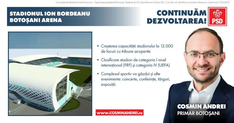 Modernizarea Stadionului Ion Bordeanu și transformarea sa în Arenă de nivel UEFA este o prioritate a administrației PSD Cosmin Andrei